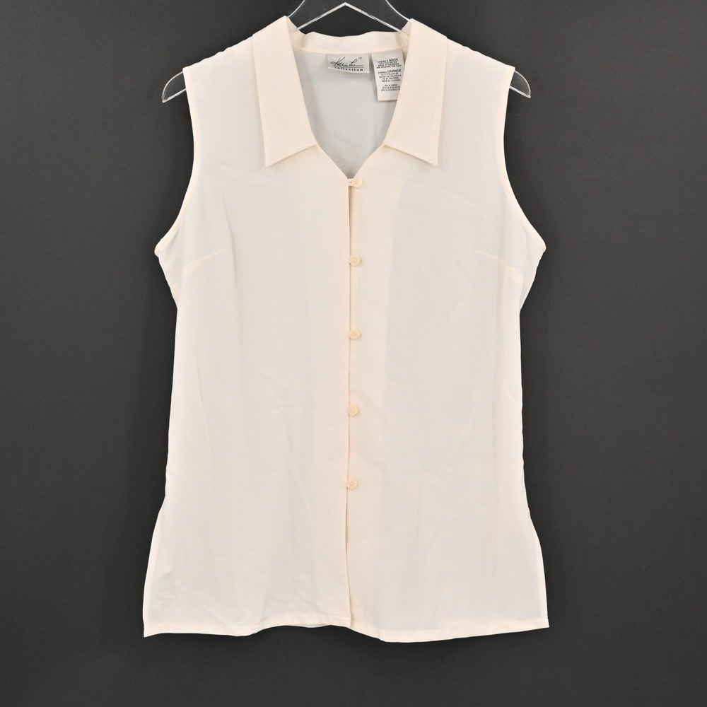 Vtg 90s Womens Sleeveless Top Size L Ivory Minimalist Collared Button KATHIE LEE